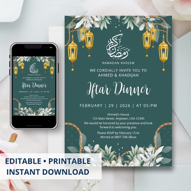 Invitation Dîner Iftar de Ramadan à motif sarcelle traditionn (Créateur téléchargé)