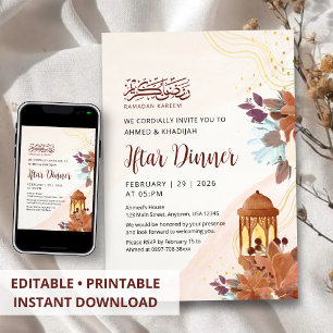 Invitation Dîner Iftar de Ramadan Floral Aquarelle Abstraite