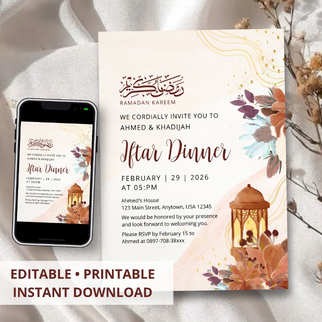 Invitation Dîner Iftar de Ramadan Floral Aquarelle Abstraite  (Créateur téléchargé)