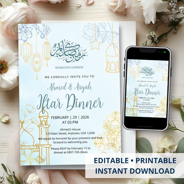 Invitation Dîner Iftar de Ramadan Floral Bleu et Or Moderne (Créateur téléchargé)