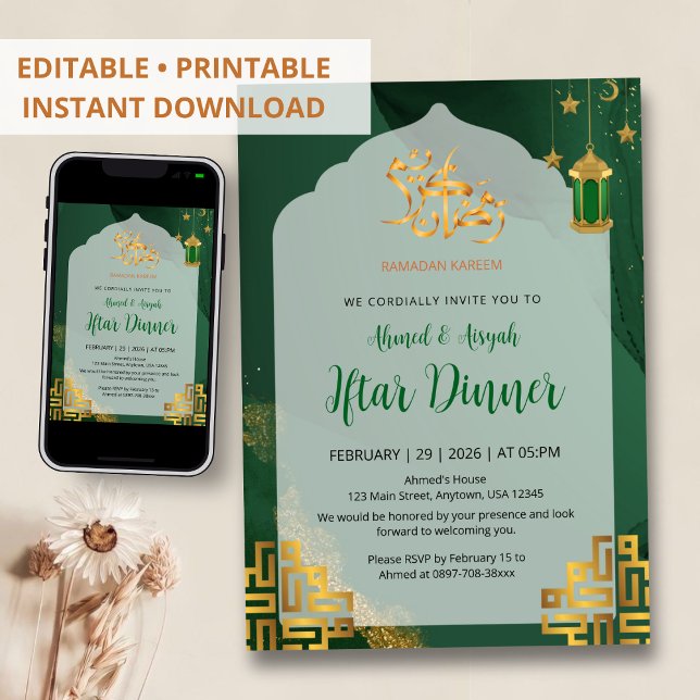 Invitation Dîner Iftar élégant aquarelle vert foncé (Créateur téléchargé)