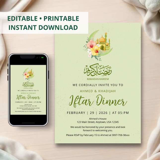 Invitation Dîner Iftar Élégant Fleur de Lune et Mosquée Dorée (Créateur téléchargé)