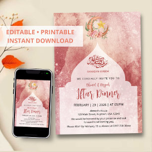 Invitation Dîner Iftar Élégant Fleurs Aquarelle Lune