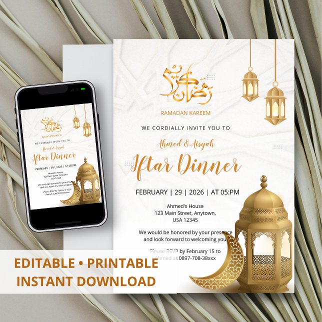 Invitation Dîner Iftar élégant Lanterne en Or & Croissant (Créateur téléchargé)