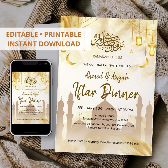 Invitation Dîner Iftar élégant Mosquée Lanterne en Or Ramadan (Créateur téléchargé)