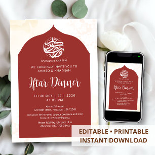 Invitation Dîner Iftar élégant sous une arche marocaine rouge