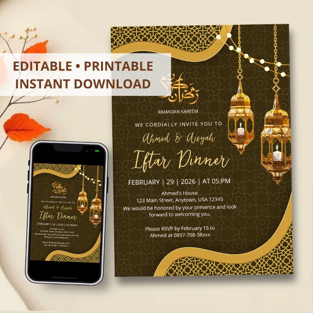 Invitation Dîner Iftar élégant sous une lanterne brune et dor (Créateur téléchargé)
