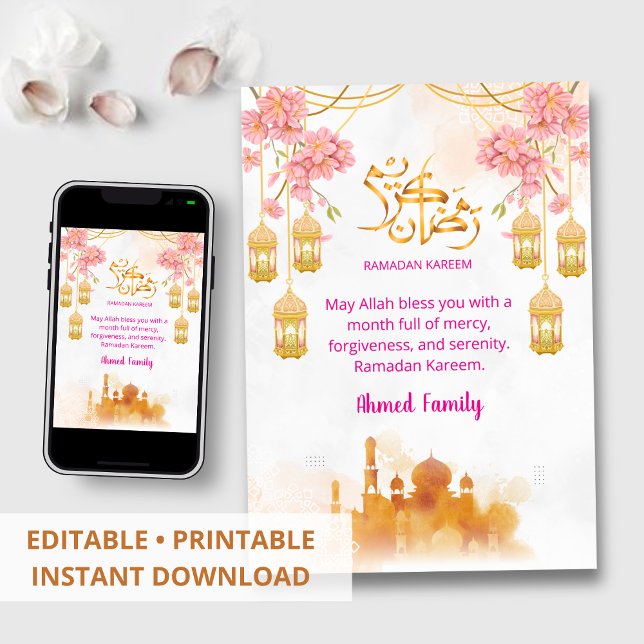 Invitation Dîner Iftar Fleurs Roses Aquarelle & Mosquée (Créateur téléchargé)