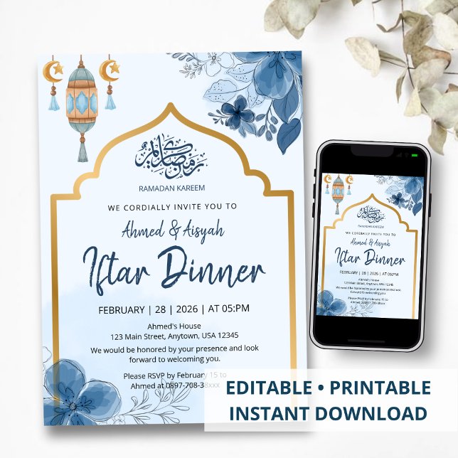 Invitation Dîner Iftar Floral Aquarelle Bleu Ramadan (Créateur téléchargé)