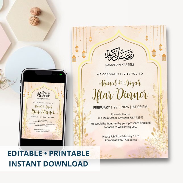 Invitation Dîner Iftar Floral Rose Pâle Douce Ramadan (Créateur téléchargé)