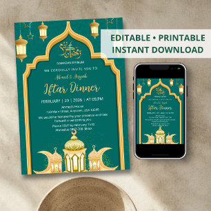 Invitation Dîner Iftar géométrique bleu doré lumière sereine
