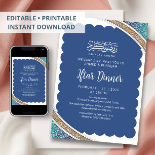 Invitation Dîner Iftar géométrique islamique bleu marine mode