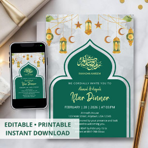 Invitation Dîner Iftar islamique classique vert et or