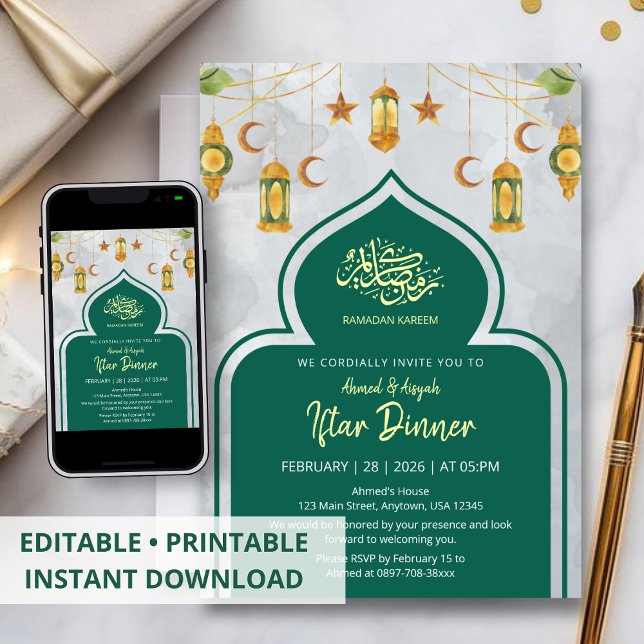 Invitation Dîner Iftar islamique classique vert et or (Créateur téléchargé)