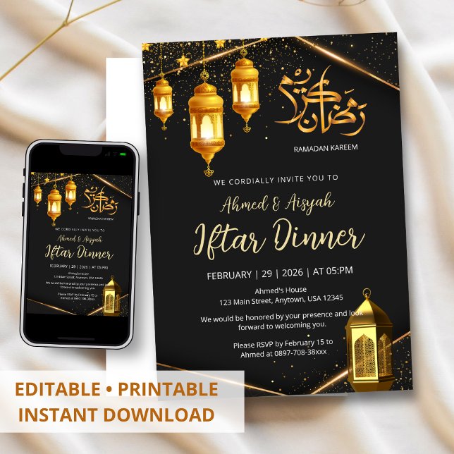 Invitation Dîner Iftar Lanterne Noire et Dorée de Luxe (Créateur téléchargé)