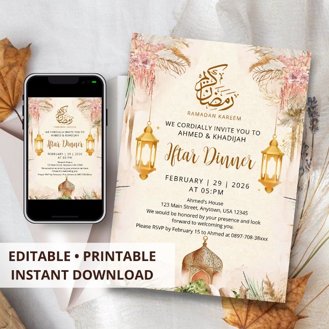 Invitation Dîner Iftar Moderne Bohème Pampas et Lanterne Doré (Créateur téléchargé)