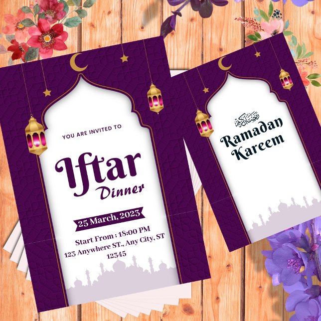Invitation Dîner Iftar moderne violet blanc et or (Créateur téléchargé)