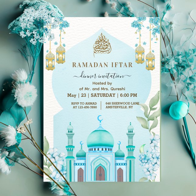 Invitation Dîner Iftar Mosquée Aquarelle Bleue (Créateur téléchargé)