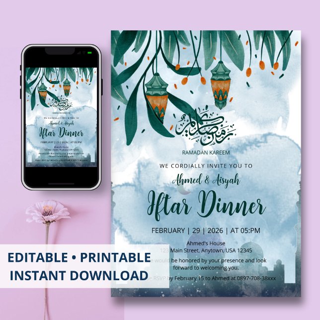 Invitation Dîner Iftar Mosquée Bleue et Lanternes à l'aquarel (Créateur téléchargé)