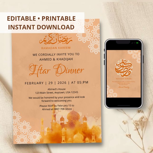 Invitation Dîner Iftar Mosquée Coucher de Soleil Orange Aquar (Créateur téléchargé)