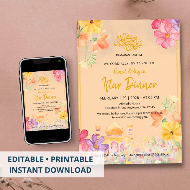 Invitation Dîner Iftar Ramadan Kareem Floral Aquarelle (Créateur téléchargé)