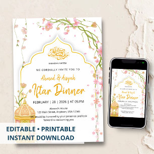 Invitation Dîner Iftar Rose et Or Élégant Floral Ramadan