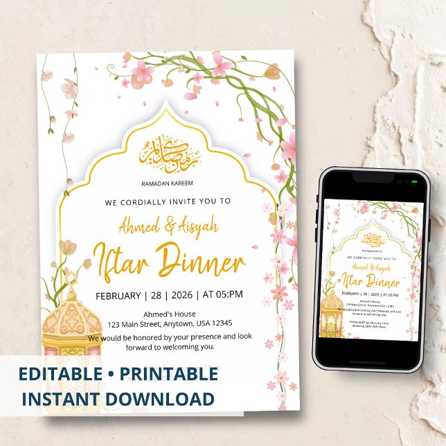 Invitation Dîner Iftar Rose et Or Élégant Floral Ramadan  (Créateur téléchargé)