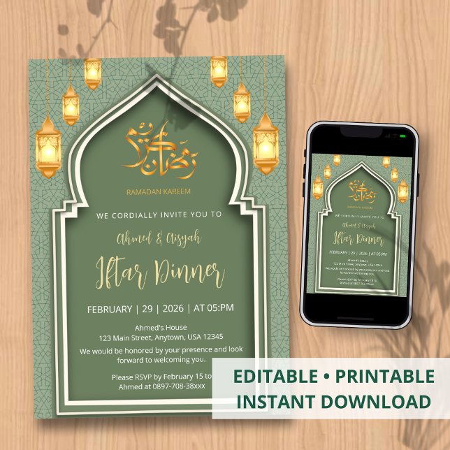Invitation Dîner Iftar sous l'arche islamique verte et dorée (Créateur téléchargé)