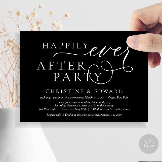 Invitation Dîner mariage Elopement, Heureusement Jamais Après (Wedding Elopement Dinner, Happily Ever After Party Invitation Card, PDF, in classy black)