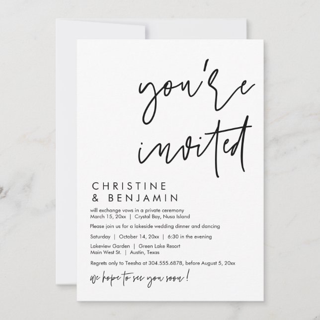 Invitation Dîner mariage Elopement, Script Décontracté modern (Devant)