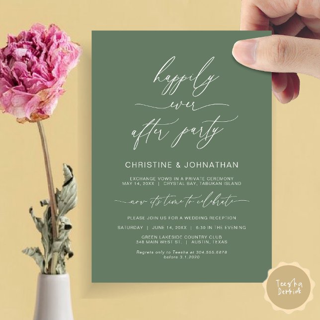 Invitation Dîner minimaliste moderne Mariage Elopement (Wedding Happily Ever After Party Dinner Brunch Elopement Invitation Card, PDF, Forest Sage Green)