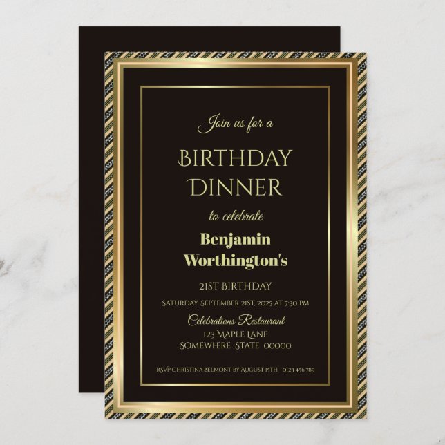 Invitation Dîner moderne Black and Gold 21st Birthday (Devant / Derrière)