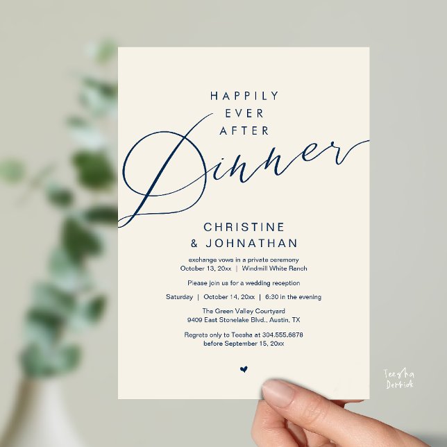 Invitation Dîner Moderne Romantique de Mariage et de Bonheur  (Modern Romantic Wedding Happily Ever After reception Dinner Invitation card in Navy Blue Ivory)