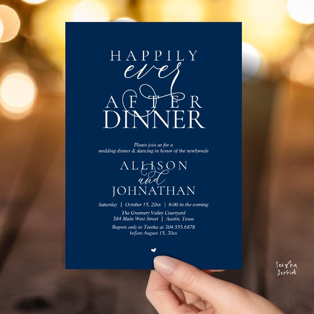 Invitation Dîner Navy Blue Happily Ever After Mariage Moderne (Navy Blue Happily Ever After Dinner Modern Script Wedding Invitation Card)