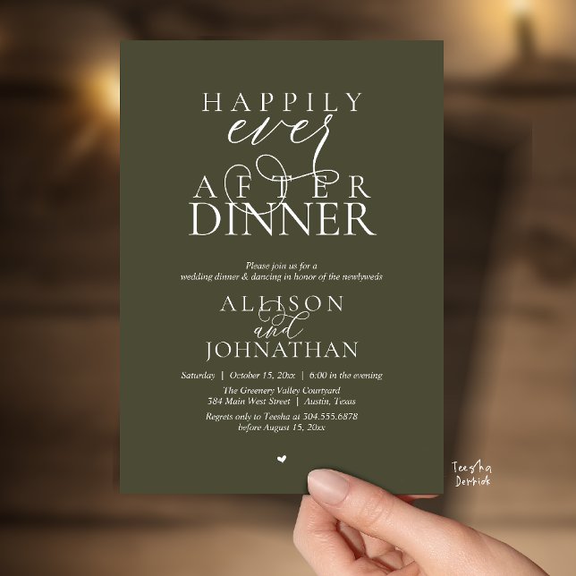 Invitation Dîner Olive Happily Ever After Mariage Moderne (Olive Green Happily Ever After Dinner Modern Script Wedding Invitation Card)