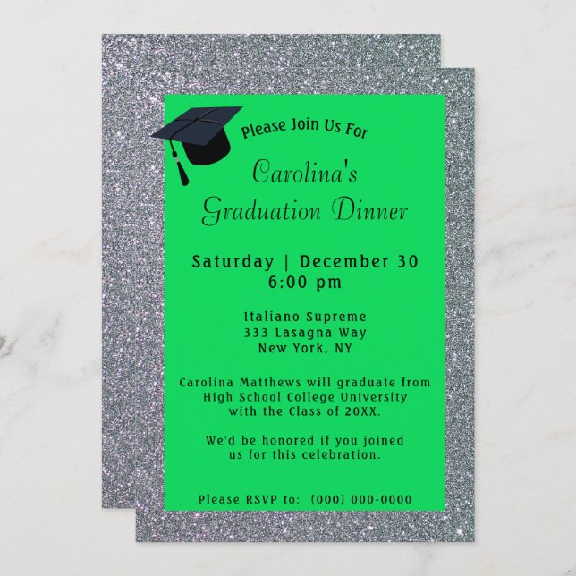 Invitation Dîner Parties scintillant argent Graduation verte (Devant / Derrière)