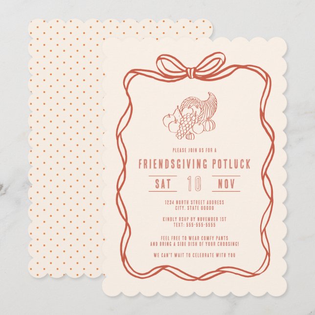 Invitation Dîner Potluck de Friendsgiving avec un Nœud Coquet (Devant / Derrière)