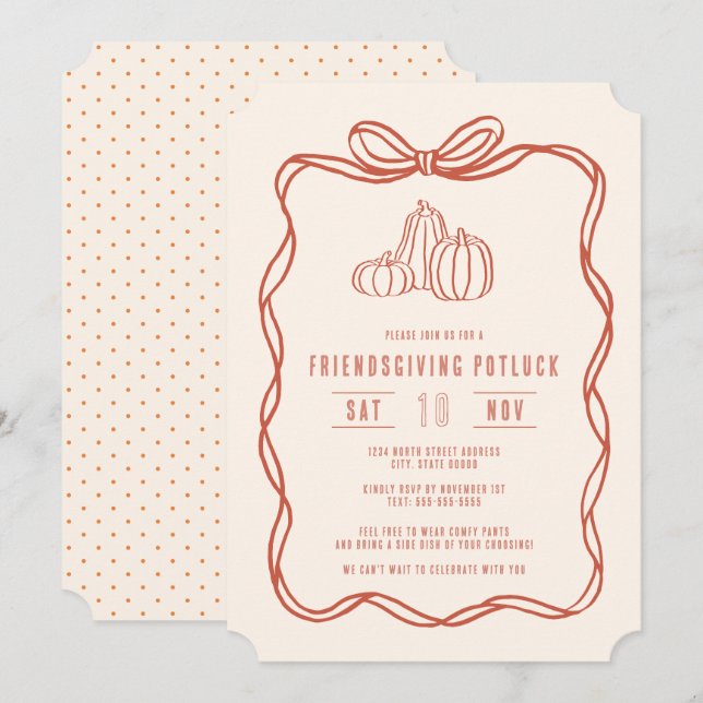 Invitation Dîner Potluck de Friendsgiving Coquette à nœud pap (Devant / Derrière)