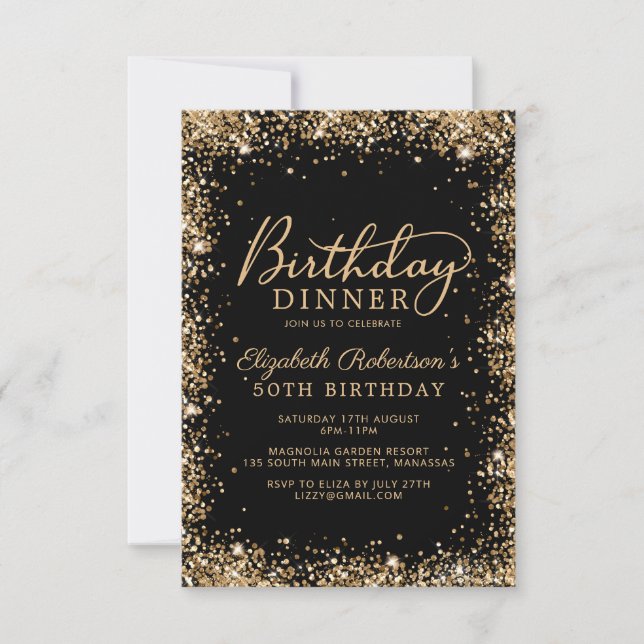Invitation Dîner pour les 50 ans de Black Gold Glitter Script (Devant)