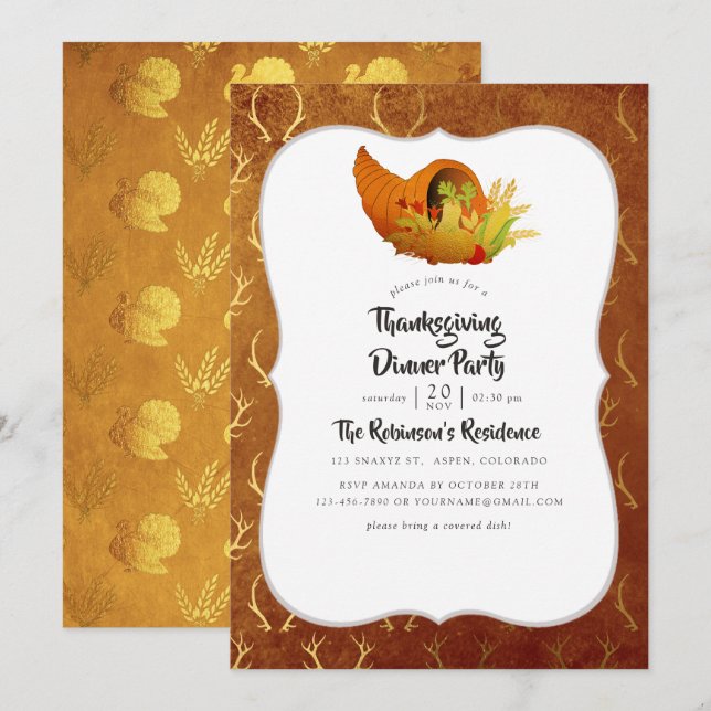 Invitation Dîner/Repas de Thanksgiving en feuille d'or (Devant / Derrière)