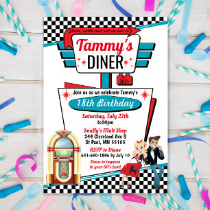 Invitation Diner Retro Sock Hop Grease Party 1950