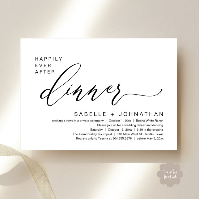 Invitation Dîner Romantique de Mariage Heureux à Tout Jamais  (Romantic Modern Happily Ever After Party Elopement Dinner Invitation Card PDF in Classy Black White)