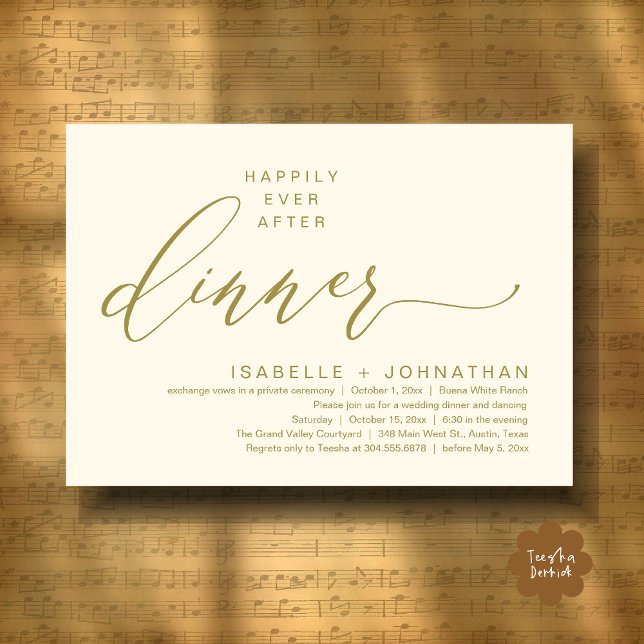 Invitation Dîner Romantique de Mariage Intime avec une Fin He (Romantic Modern Happily Ever After Party Elopement Dinner Invitation Card PDF in Classy Yellow Gold)