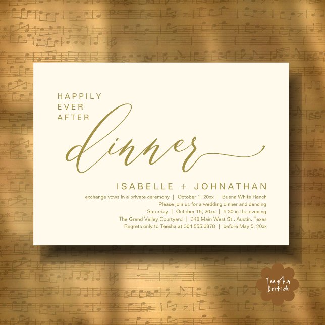 Invitation Dîner Romantique de Mariage Intime avec une Fin He (Romantic Modern Happily Ever After Party Elopement Dinner Invitation Card PDF in Classy Yellow Gold)