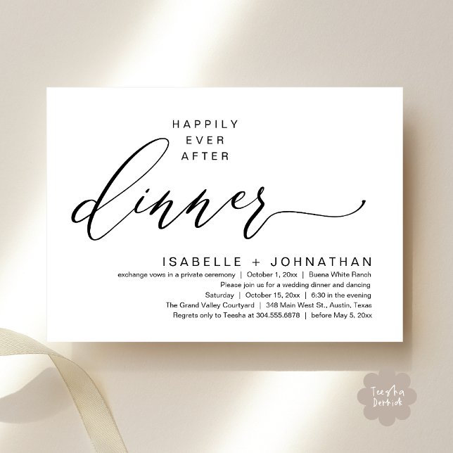 Invitation Dîner Romantique de Mariage Intime avec une Fin He (Romantic Modern Happily Ever After Party Elopement Dinner Invitation Card PDF in Classy Black White)