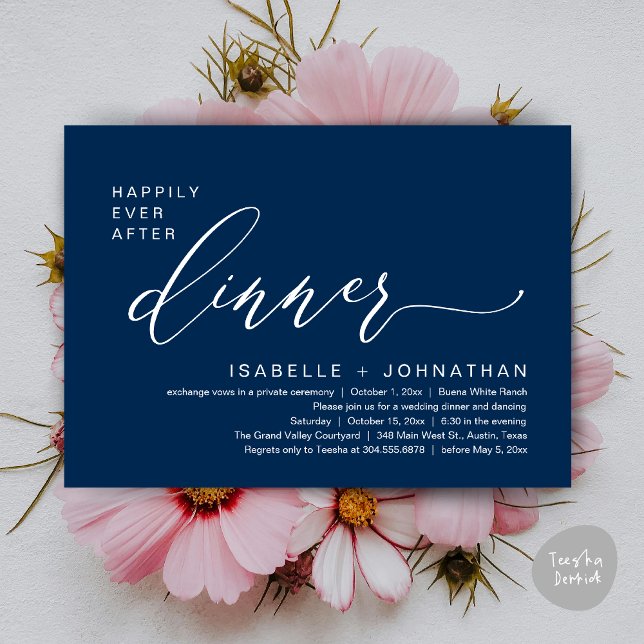 Invitation Dîner Romantique de Mariage Intime avec une Fin He (Romantic Modern Happily Ever After Party Elopement Dinner Invitation Card PDF in Classy Navy Blue)
