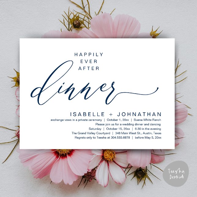 Invitation Dîner Romantique de Mariage Intime avec une Fin He (Romantic Modern Happily Ever After Party Elopement Dinner Invitation Card PDF in Classy Navy Blue)