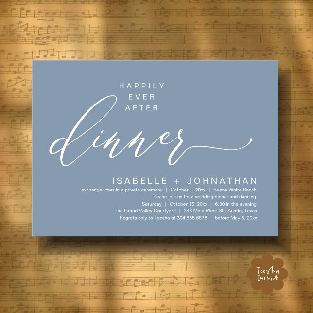 Invitation Dîner Romantique de Mariage Intime avec une Fin He (Romantic Modern Happily Ever After Party Elopement Dinner Invitation Card PDF in Classy Dusty Blue)