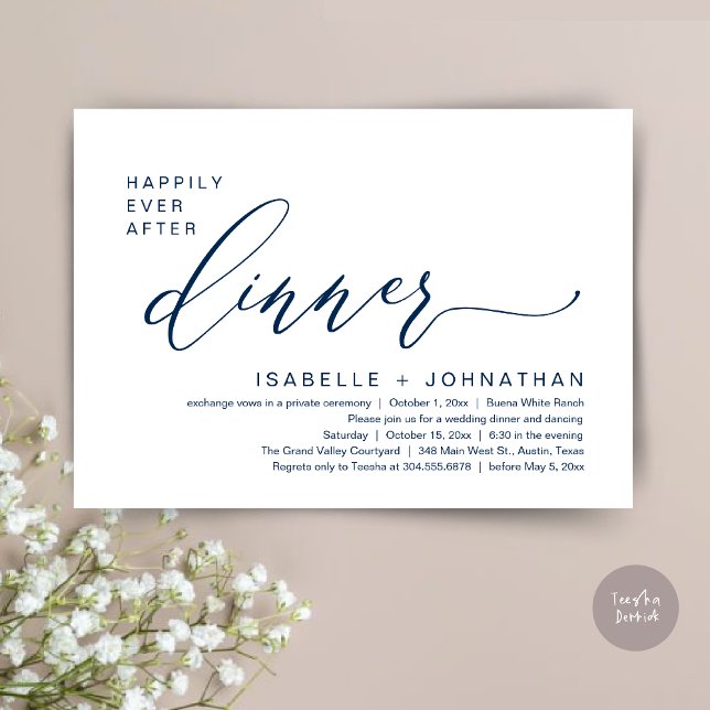 Invitation Dîner Romantique de Mariage Intime avec une Fin He (Romantic Modern Happily Ever After Party Elopement Dinner Invitation Card PDF in Classy Navy Blue)