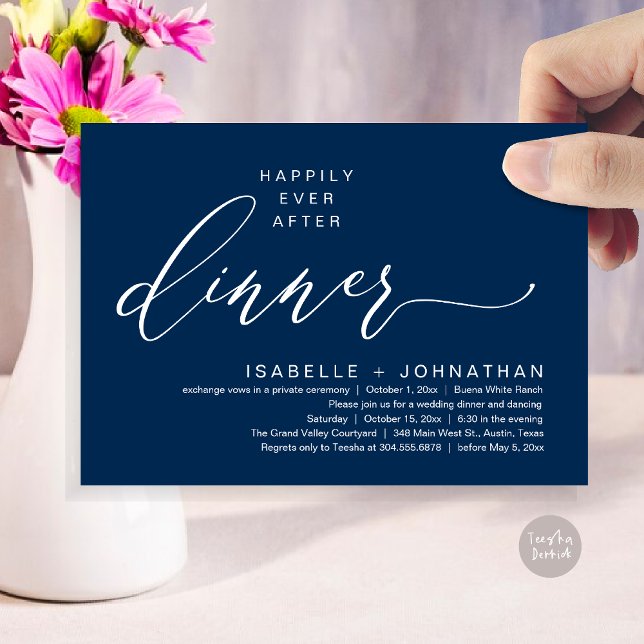 Invitation Dîner Romantique de Mariage Intime avec une Fin He (Romantic Modern Happily Ever After Party Elopement Dinner Invitation Card PDF in Classy Navy Blue)